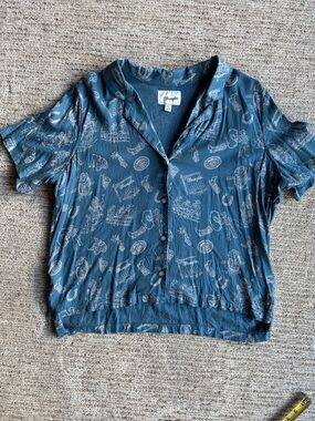 Wrangler Navy Button-Front Western Print Short Sleeve Shirt